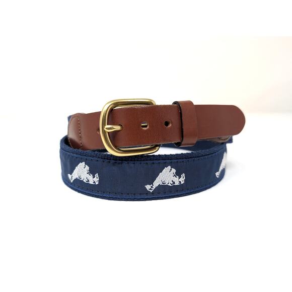 Leather Man Ltd Essex Ct Men's Belt Navy Canvas Brown Leather Mountains 36 Brass - Picture 1 of 5